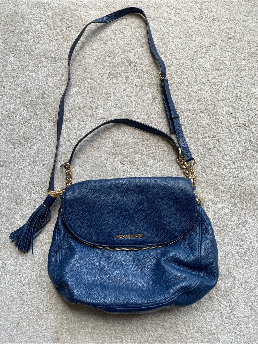 Michael Kors Navy Pebbled Leather Crossbody with Tassel Accent